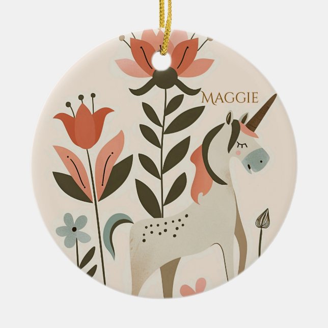 Personalisiertes Boho-Einhorn-Wildblume Keramik Ornament (Vorne)