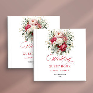 Personalisiertes Boho-Rot-Weiß-Blumen-Hochzeitsgäs Gästebuch