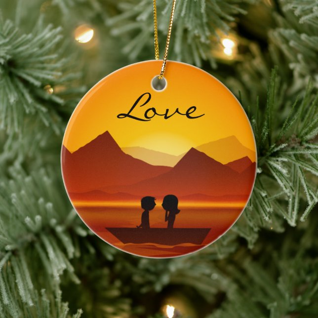 Personalisiertes Boot Couple Mountain LIEBE Orname Keramikornament (Baum)
