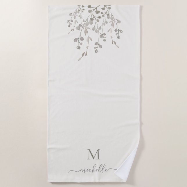 Personalisiertes botanisches Wasserfarben-Monogram Strandtuch (Vorderseite)