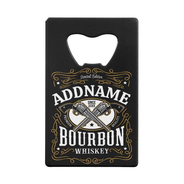 Personalisiertes Bourbon Vintag Guns Whiskey-Label Geldbeutel Flaschenöffner (Vorderseite)
