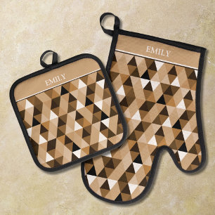 Personalisiertes braunes geometrisches Muster Ofenhandschuh & Topflappen-Set