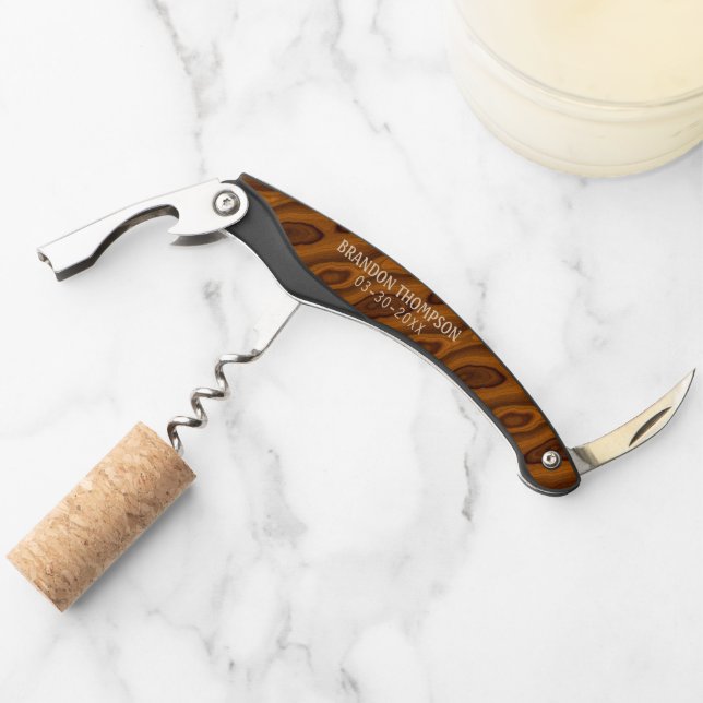 Personalisiertes braunes Holzmaserungsmuster Kellnermesser (Vorderseite)