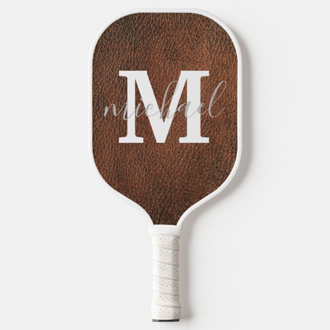 personalisiertes, braunes Ledermonogramm Pickleball Schläger (Vorderseite)