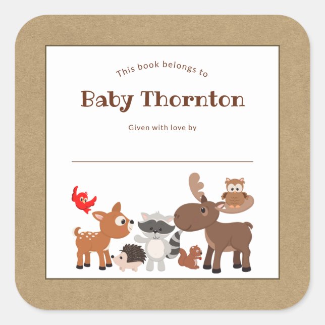 Personalisiertes Buchzeichen von Kindern, Waldtier Quadratischer Aufkleber (Vorderseite)