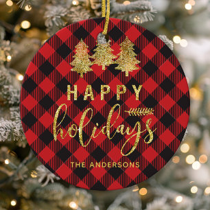 Personalisiertes 'Buffalo Plaid Happy Holidays' Keramik Ornament