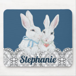 Personalisiertes Bunny Rabbit Blau und Weiße Spitz Mousepad