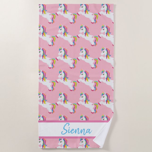 Personalisiertes buntes Regenbogenunicorn-Badetuch Strandtuch (Vorderseite)