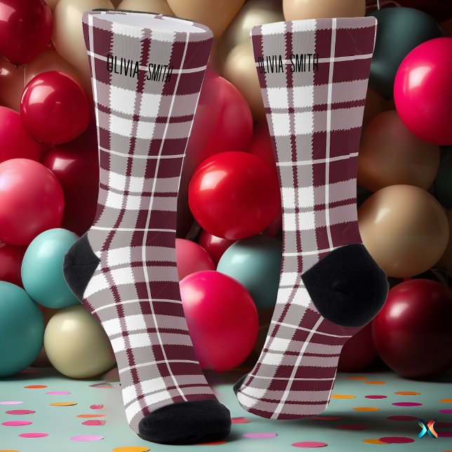 Personalisiertes Burgund und Gray Tartan Karierte, Socken (Von Creator hochgeladen)