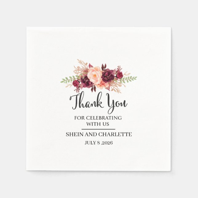 Personalisiertes burgunderrotes Hochzeitsgeschenk, Serviette (Vorderseite)