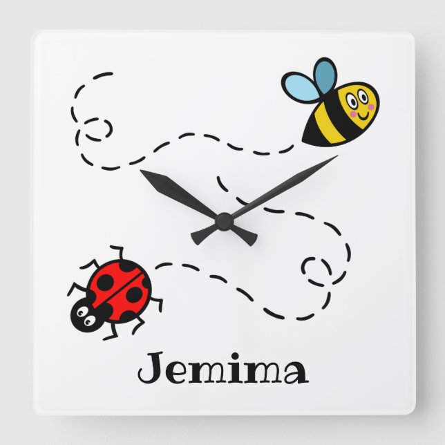 Personalisiertes Busy Bumblebee Ladybird-Muster Quadratische Wanduhr (Vorderseite)