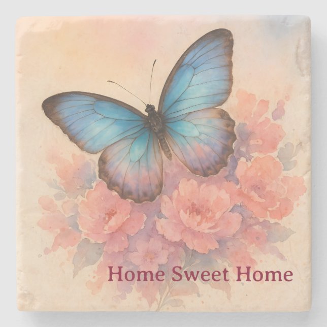 Personalisiertes Butterfly Peach Floral Elgandesig Steinuntersetzer (Vorderseite)