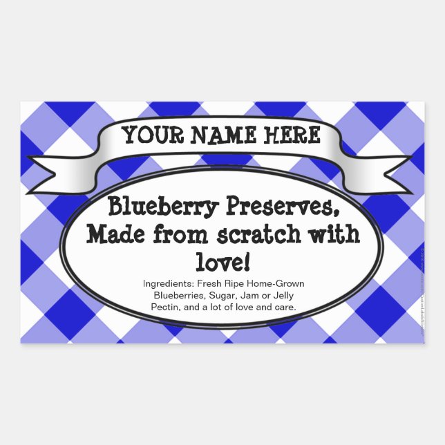 Personalisiertes Canning Jar Label, Blue Gingham J Rechteckiger Aufkleber (Vorderseite)