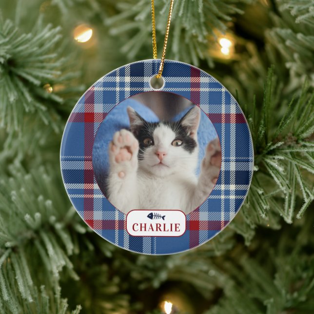 Personalisiertes Cat Blue Kariert Pet Foto Keramik Ornament (Baum)
