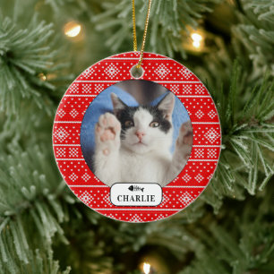 Personalisiertes Cat Fish Red Snowflake Pet Foto Keramik Ornament