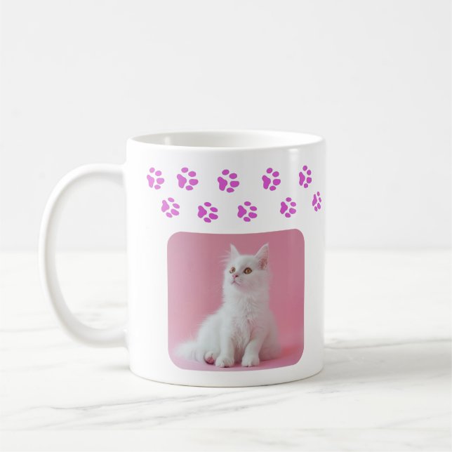 Personalisiertes Cat-Foto und Name Rosa Paw-Drucke Kaffeetasse (Links)