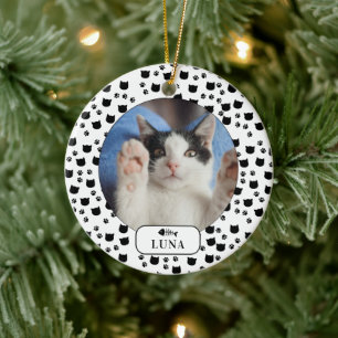 Personalisiertes Cat & Pawprint Pet Foto Keramik Ornament