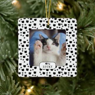 Personalisiertes Cat & Pawprint Pet Foto Keramikornament