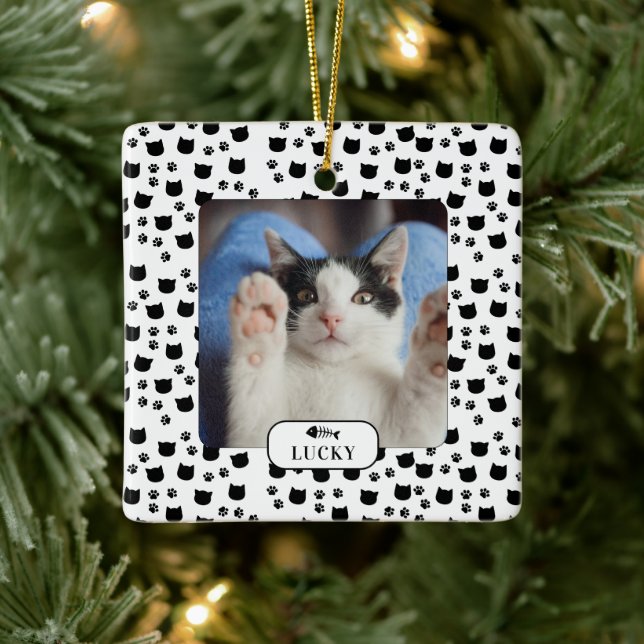 Personalisiertes Cat & Pawprint Pet Foto Keramikornament (Baum)