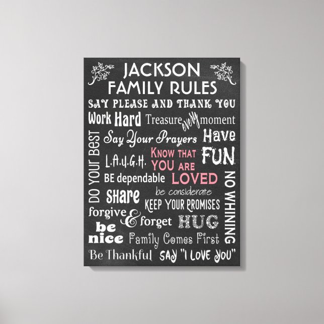 Personalisiertes Chalkboard "Family Rules" Leinwanddruck (Vorderseite)