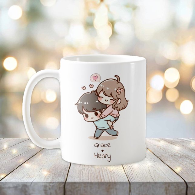 Personalisiertes Chibi-Style Spielerpaar Kaffeetasse (Sweet Personalized Chibi-style Playful Couple Mug)