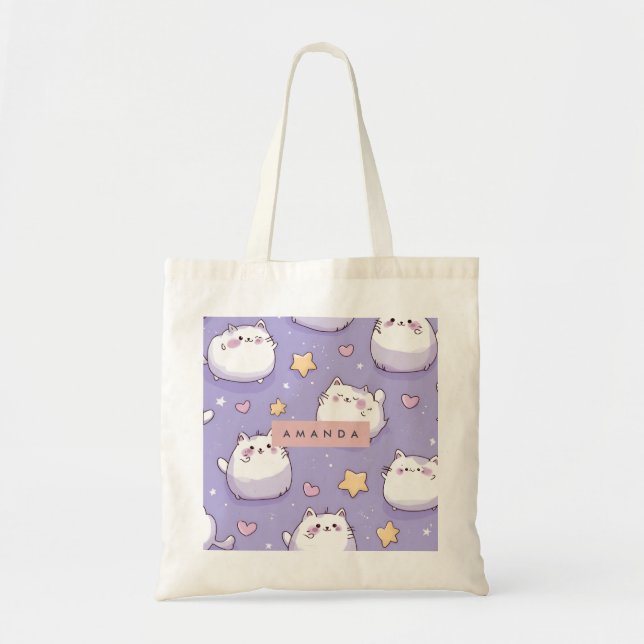 Personalisiertes Chubby Cat & Pastel Star-Muster Tragetasche (Vorne)