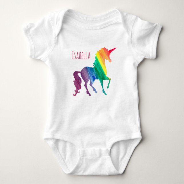 Personalisiertes Cooles Rainbow Unicorn Watercolor Baby Strampler (Vorderseite)