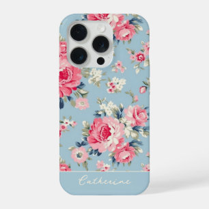 Personalisiertes Cottage Rosa Rosen auf blauem Hin iPhone 15 Pro Hülle