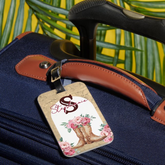Personalisiertes Cowgirl Rosa Florales Monogramm Gepäckanhänger (Vorderseite Insitu 1)