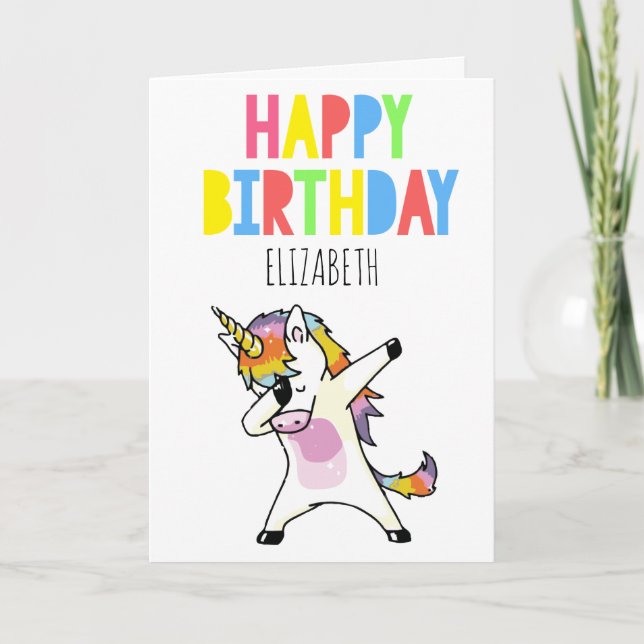 Personalisiertes Dabbing Unicorn Girl Happy Birthd Karte (Vorderseite)