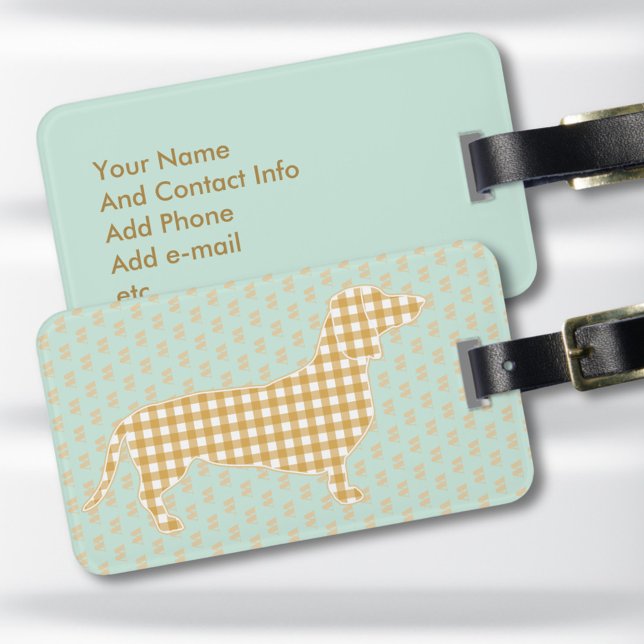 Personalisiertes Dachshund-Gepäckanhänger - Creme  Gepäckanhänger (Cute personalized Gingham Dachshund luggage tag with Cream Doxie on a mint background)