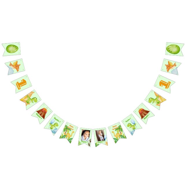 Personalisiertes Dinosaurier grün mit 2 Fotos Wimpelkette (Alle)