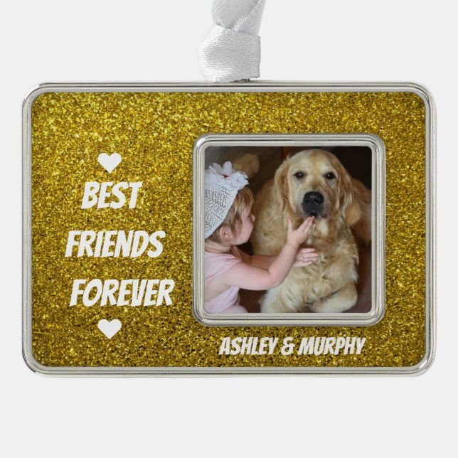 Personalisiertes Dog Pet-Foto mit Best Friends Quo Rahmen-Ornament Silber (Vorderseite)
