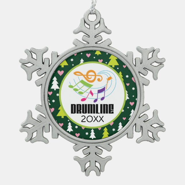 Personalisiertes Drumline Weihnachtsband Schneeflocken Zinn-Ornament (Vorderseite)