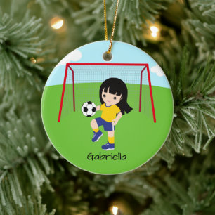 Personalisiertes dunkles Haar Fußball-Mädchen We Keramik Ornament