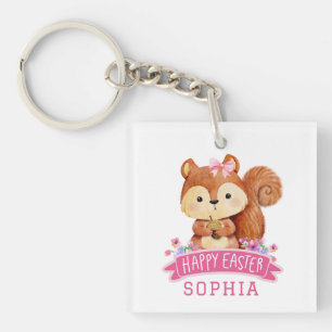 Personalisiertes Eichhörnchen Happy Oaster Pink Schlüsselanhänger
