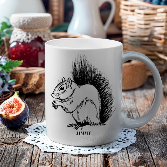 Personalisiertes Eichhörnchen Illustriert Wildtier Kaffeetasse (This illustration was inspired by a favorite squirrel friend, whose name was Jimmy. )