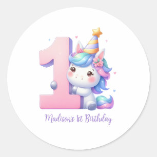 Personalisiertes Einhorn 1. Geburtstag Mädchen Runder Aufkleber