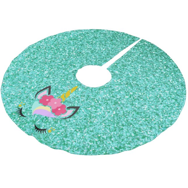 Personalisiertes Einhorn Aquamariner Glitzer Trepp Polyester Weihnachtsbaumdecke (Schrägansicht)