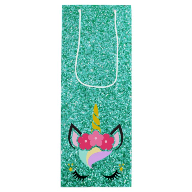 Personalisiertes Einhorn Aquamariner Glitzer Weinb Geschenktüte Für Weinflaschen (Vorderseite)