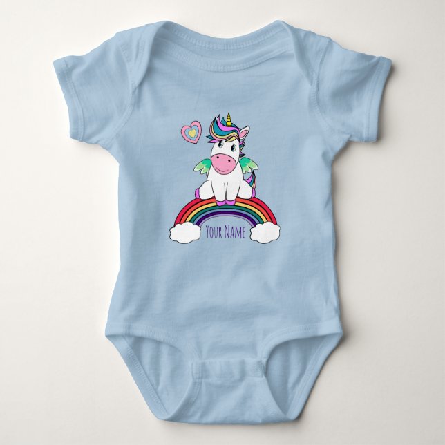 Personalisiertes Einhorn auf einem Regenbogen Baby Strampler (Vorderseite)