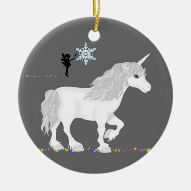 Personalisiertes Einhorn, Fee und Weihnachtsbaum Keramikornament (Vorne)