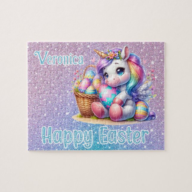 Personalisiertes Einhorn Frohe Ostern Puzzle (Horizontal)