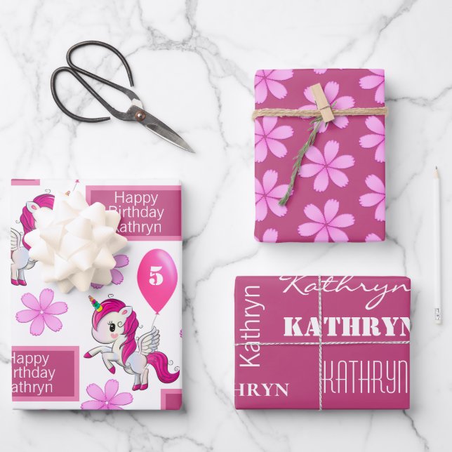Personalisiertes Einhorn Geburtstag Geschenkpapier Set (Vorderseite)