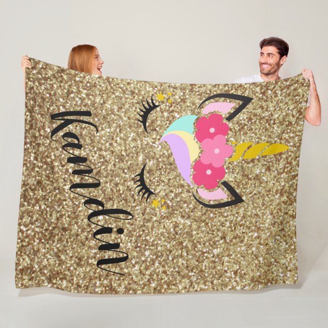 Personalisiertes Einhorn Gold Glitzer Fleece Throw (Beispiel)