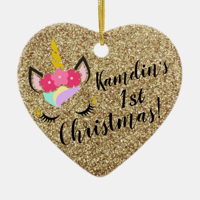 Personalisiertes Einhorn Gold Glitzer XMAS Ornamen Keramik Ornament (Vorne)