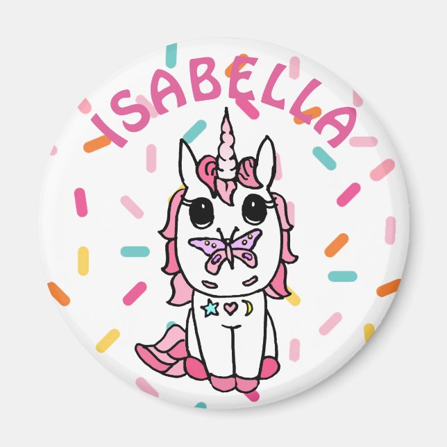 Personalisiertes Einhorn mit Schmetterling auf Nas Magnet (Vorne)