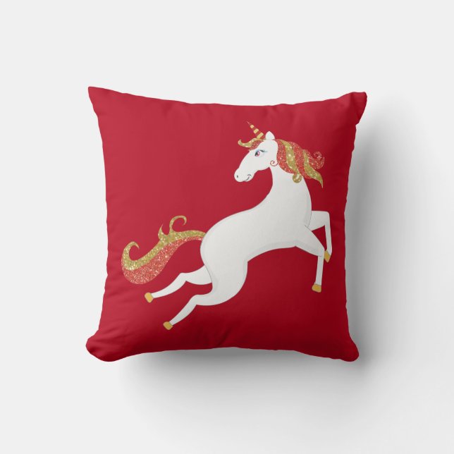 Personalisiertes Einhorn Pferd Golden Roter Glitze Kissen (Vorderseite)