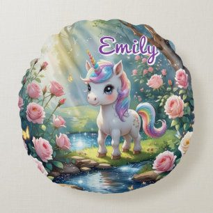 Personalisiertes Einhorn Rundkissen - Rose Wald Rundes Kissen