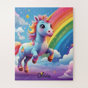 Personalisiertes Einhorn springt in Regenbogen Puzzle
